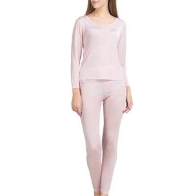 Image of METWAY Women&#039;s Silk Long Johns Snug Fit Thermal Underwear Sets (Small, Pink)