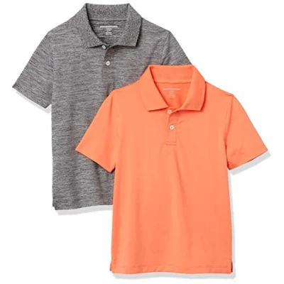 Image of Amazon Essentials Boys&#039; Active Performance Polo Shirts, Pack of 2, Orange/Grey, 9 Years
