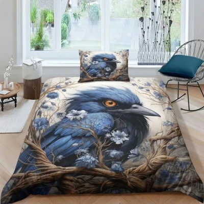 Image of GEEYOU Raven Luxe Quilt Cover Set Hidden Zipper Duvet with Pillowcases crows Bedding Soft Microfiber Comforter Various Sizes for Kids Adults Single（135x200cm）