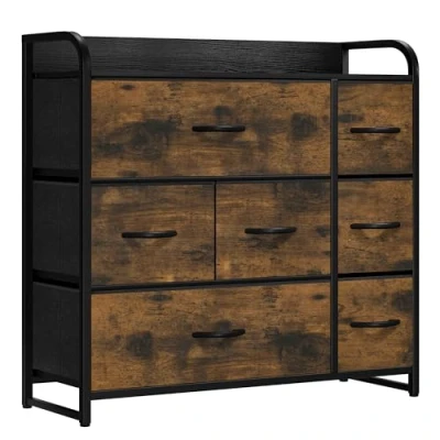 Image of YITAHOME Chest of Drawer With 7 Drawers for Bedroom Fabric Dresser Storage Handles Metal Frame Living Room, Hallway, Nursery, Rustic Brown