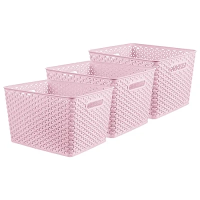 Image of Curver My Style Rattan Effect Set of 3 Kitchen, Living room, Bathroom, Bedroom, Utility Large Rectangular Storage Baskets 18 Litres Pink