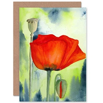 Image of Wee Blue Coo POPPY FLOWER BUD RED WATERCOLOUR BIRTHDAY BLANK GREETINGS CARD