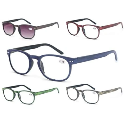 Image of MODFANS 5 Pack Reading Glasses 1.0 Mens/Womens/Unisex Wood Look Print,Readers Round Frame with Comfort Spring Hinges,Stylish Eyeglasses for