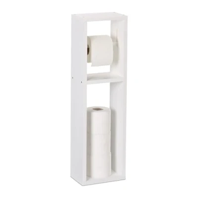 Image of Toilet Paper Holder, Wall Mounted or Freestanding, Walnut, Spare Roll Stand, HxWxD: 70 x 20 13 cm, White Relaxdays