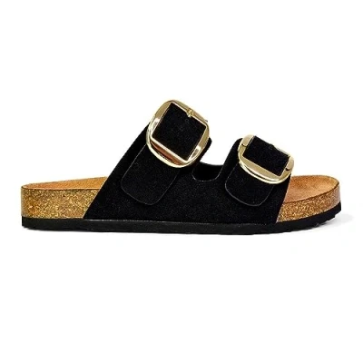 Image of ESSEX GLAM Womens Flat Sandals Large Double Strap Buckle Ladies Open Toe Slip On Casual Holiday Black Slider Mule Size 8