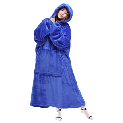Image of Waitu Wearable Blanket Sweatshirt Gifts for Women and Men, Super Warm Cozy Giant Hoodie, Thick Flannel with Sleeves Pocket Blue