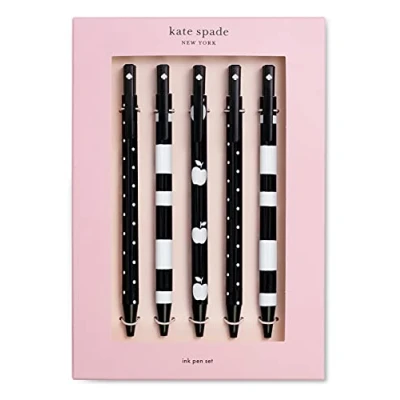 Image of Kate Spade New York Black Ink Pen Set of 5, Cute Plastic Click Pens, Dots and Stripes