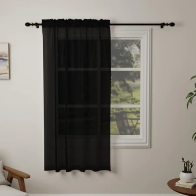 Image of Pacok Black Voile Curtains, 72 Drop Net Curtain for Windows, Rod Pocket Sheer Panel Curtains Living Room Kitcken Bedroom W56xL72 Inch(Black,142 x 183cm)