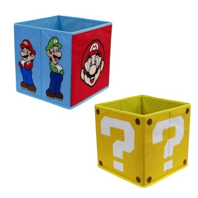 Image of Nintendo Super Mario Officially Licensed Storage Boxes 2 pack Foldable Cubes Faces Design with and Luigi Perfect For Organising Children&#039;s Room, Kids Playroom, 30 x 30cm