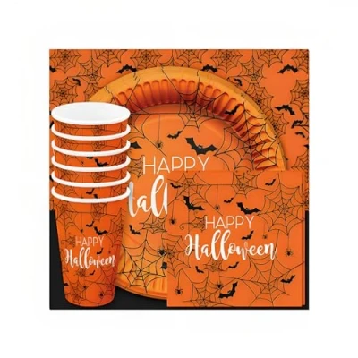 Image of 25 x Halloween Party Tableware Set Includes 6 Plates, Cups, 12 2 Ply Napkins, 1 Table Cover Supplies for Sold by VR Angel