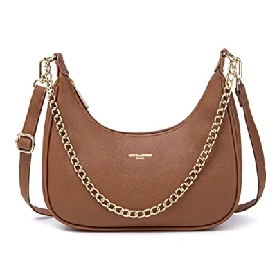Image of David Jones Women&#039;s Small Chain Crossbody Bag Ladies Rigid PU Leather Shoulder Girl Clutch Handbag Trendy Evening Designer Retro Brown Camel