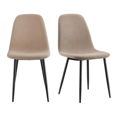 Image of VonHaus Dining Chairs Set of 2 Beige Kitchen with Black Metal Legs Upholstered Cord Effect Pair for Room &amp; Dinner Table Cavell