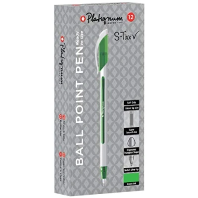 Image of Platignum S Tixx Green Ballpoint Pen [Pack of 12] Soft Grip Barrel with LV Ink for Smudge and Ultra Smooth Writing [50515]
