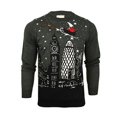 Image of Xact Men&#039;s Christmas Jumper, London or New York Skyline, Crew Neck (London Grey) S