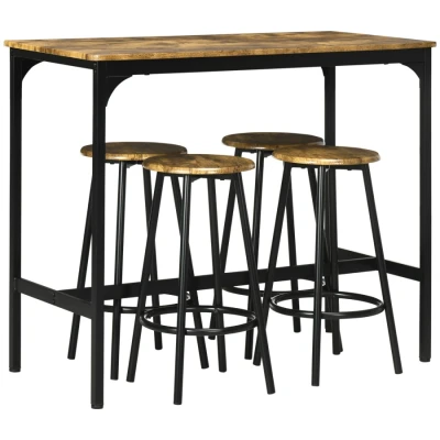 Image of HOMCOM 5 Piece Bar Table Set, Industrial Dining Set for 4 with Stools, Metal Frame, Footrest Kitchen, Living Room, Small Space, Rustic Brown