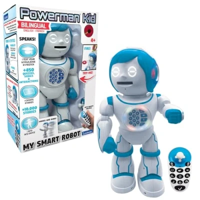Image of LEXIBOOK ROB90EN Powerman Kid Educational and Bilingual English/Spanish Robot Walking Talking Dancing Toy STEM Programmable Creating Stories Quizzes Shooting Discs