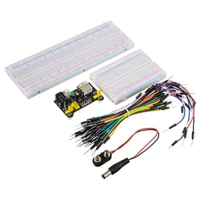 Image of HUAREW Breadboard Kit with Power Supply Module, Jumper Wires, Battery Clip,830 &amp; 400 tie Points (5 Values 69 Pcs)