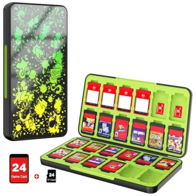 Image of MoKo 24 Game Card Case Compatible with Nintendo Switch OLED Model/Switch/Switch Lite, Holder for &amp; SD Card, Slim Portable Storage Box, Green Yellow
