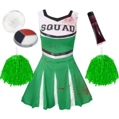 Image of Girls Halloween Zombie Cheerleader X Large Green Cheer Dress, Pom Poms, Fake Blood, Facepaint Fancy Dress Costume