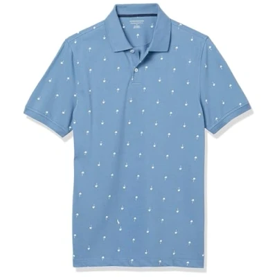 Image of Amazon Essentials Men&#039;s Slim Fit Cotton Pique Polo Shirt, Blue Palm Tree Print, S