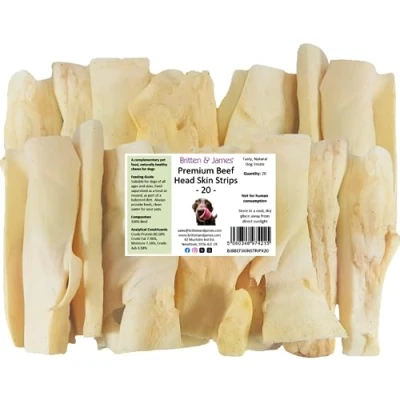 Image of 20 Premium Large Beef Head Skin Strips for Dogs by Britten and James. 100% Natural Dog Chew Treats Grain Free &amp; Hypoallergenic