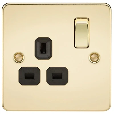 Image of Knightsbridge FPAV7000PB Flat Plate 13A 1G Dp Switched Socket Polished Brass with Black Insert
