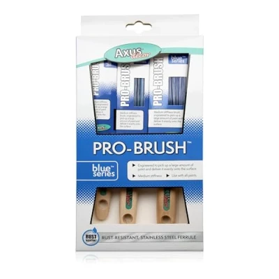 Image of Axus Decor Pro Paint Brushes (blue) Set Of 3 1&quot;, 1.5&quot;, 2&quot;mm Brush For Synthetic Filaments, Beavertail Handles, Rust resistant Stainless Steel, Compatible With Brushmate Vapour Boxes
