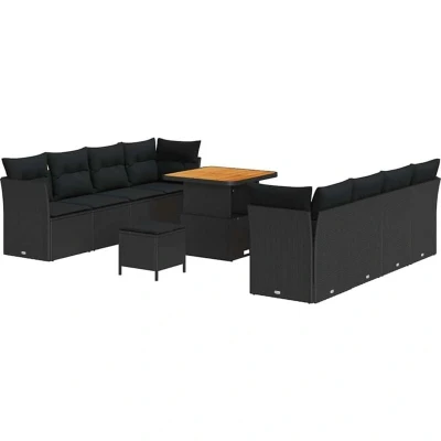 Image of vidaXL 11 Piece Garden Sofa Set with Cushions Black Poly Rattan Acacia