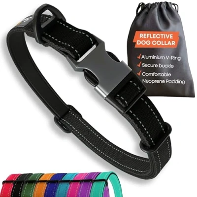Image of Strong Dog Collar Medium Dogs Black Reflective Adjustable Padded Collars Metal Buckle, Aluminium V ring, Safety