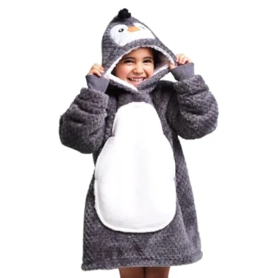 Image of Noxxiez Cuddle Kids Small Blanket Hoodie Penguin 3 6 years Grey