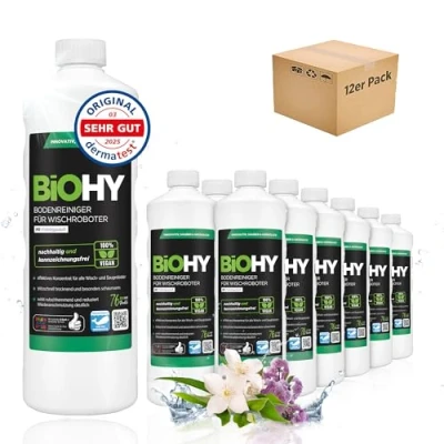 Image of BiOHY Floor Cleaner for Mopping Robots with a Fresh Spring Scent (12 x 1l Bottle) Cleaning Agent Concentrate All Foam Free &amp; Streak Sustainable 1:200