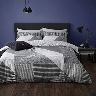 Image of Catherine Lansfield LARSSON GEO GREY Duvet Cover Set 160 x 200 + 50 80 cm