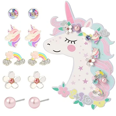 Image of Pinkgarden Clip On Earrings for Girls, Girls Jewelry Dress Up and Unicorn Rainbow Diamond Set Kids, 6 Pairs, Best Gift