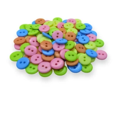 Image of (Pack of 100) Pastel Mix 11mm Buttons 2 Hole Small Round Plastic (Baby Blue, Baby Pink, Light Yellow, Green and Peach)