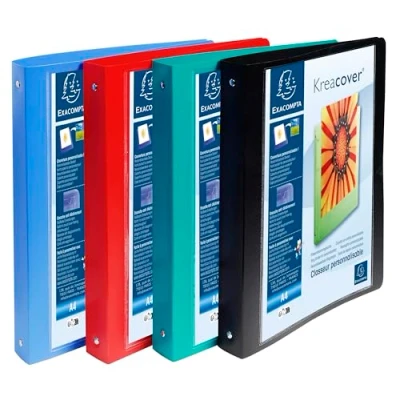 Image of Exacompta ref. 51229E Box of 5 customizable semi rigid PP binders 1 pocket 4 round rings diam.30mm External dimensions: 32 x 26.8 cm Format to be filed A4 Maxi assorted colors