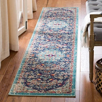 Image of SAFAVIEH Modern Chic Rug for Living Room, Dining Bedroom Madison Collection, Short Pile, in Black and Teal, 61 X 244 cm