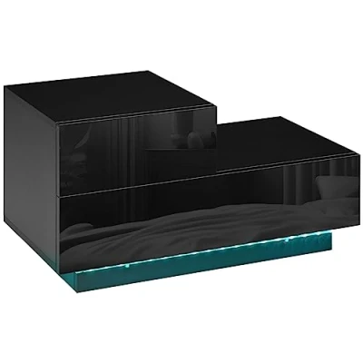 Image of HOMCOM Bedside Table with LED Light, Nightstand 2 Drawers and High Gloss Front, USB Powered Side Remote for Bedroom, Living Room, Black