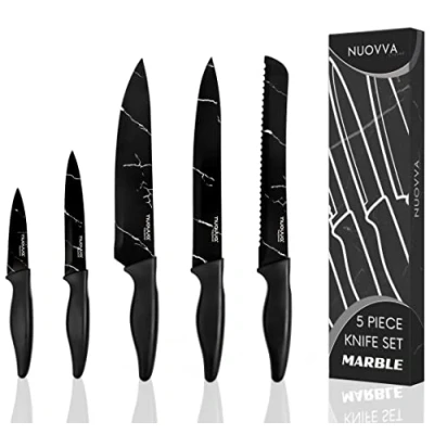 Image of nuovva 5pcs Kitchen Knife Set Ultra Sharp Knives Premium Stainless Steel Blades Chef, Bread, Santoku, Paring and Utility