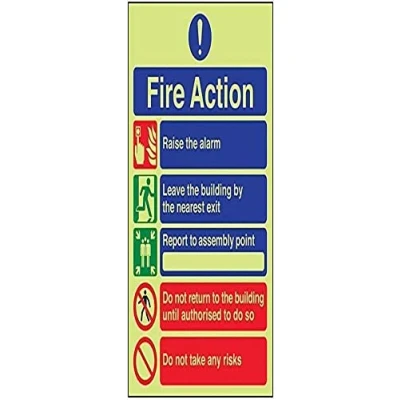Image of V Safety Glow In The Dark 5 Message Risks Fire Action Notice Sign 150mm x 200mm Rigid Plastic