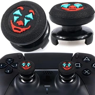 Image of Playrealm FPS Thumbstick Extender &amp; Texture Rubber Silicone Grip Cover 2 Sets for PS5 Dualsenese PS4 Controller (Joker Black)