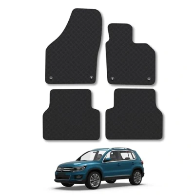 Image of Rubber Car Mats Compatible with VW Tiguan (2007 2016) Rct Tailored Fit Floor Set Accessory Black Custom 4 Pieces Clips Anti Slip Backing, Heavy Duty &amp; Waterproof