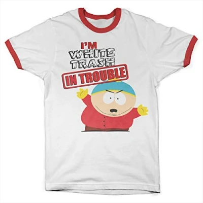 Image of South Park Officially Licensed I&#039;m White Trash in Trouble Ringer Mens T Shirt (White Red), L