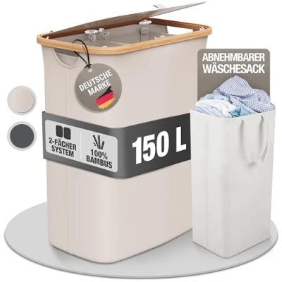 Image of Laundry Basket 2 Compartments with 1 Lid 150 Litres Bamboo Fabric Beige Large XXL Sorting System Hamper Box Dirty Organiser Celeko Light