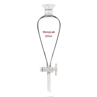 Image of stonylab Borosilicate Glass 250 ml Heavy Wall Conical Separatory Funnel with 24/29 Joints and PTFE Stopcock,