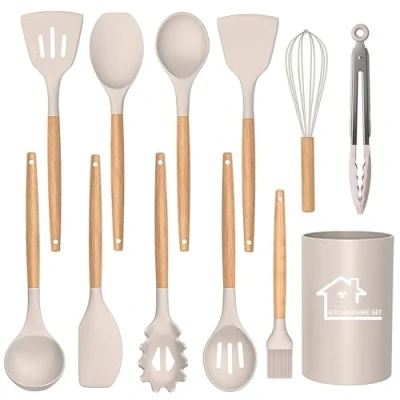 Image of UXIYI Silicone Kitchen Utensils Set, 12pcs Cooking Utensil Tools for Nonstick Heat Resistant Cookware, Khaki