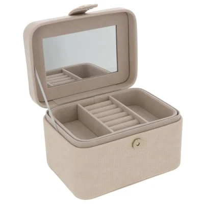 Image of Shudehill Giftware Rox Box Jewellery Rings, Earrings, Bracelet and Necklace Storage in Oyster Beige/Cream Two Tier with Zip Around Closure Gold Heart