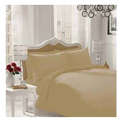 Image of WOT NON IRON Luxury Parcale Plain Dyed Duvet Cover &amp; 2 Pillow Cases Bed Set (Natural, Single)