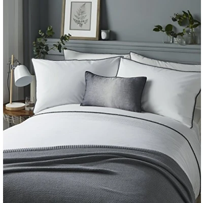 Image of Serene Pom Easy Care Duvet Cover Set Double Bed Size White Bedding with Grey Poms