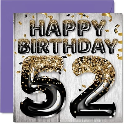 Image of 52nd Birthday Card for Men Black &amp; Gold Glitter Balloons Happy Cards 52 Year Old Man Dad Grandad Grandpa Gran Uncle, 145mm x Fifty Two Second Bday Greeting Gift