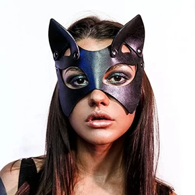 Image of Women Leather Masks Cat Mask Masquerade Party Mask, Half Face for Cosplay Halloween Costume Props Accessory